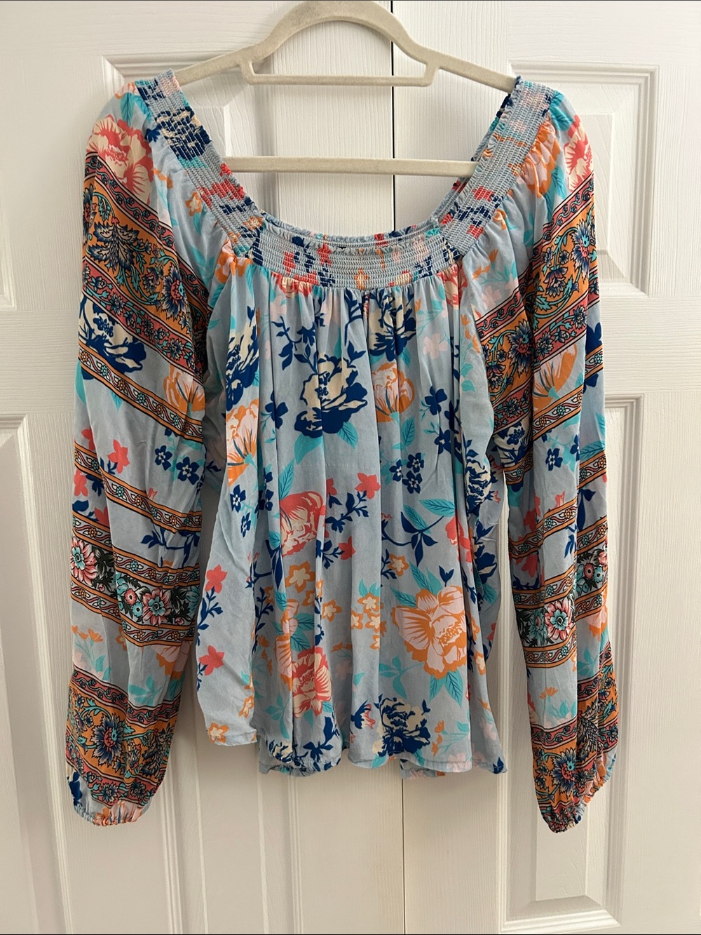 Tolani Light Blue Floral Peasant Blouse with Long Sleeves